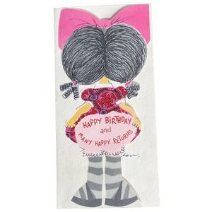 Vintage Forget Me Not Birthday Card Girl with pink Bow and Bloomers black Hair